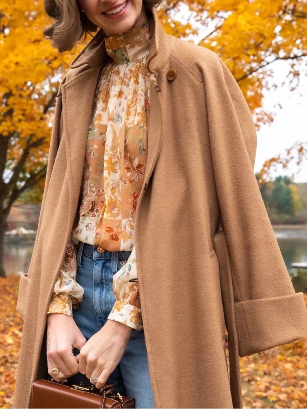 SEZANE Orange Tan Boho Floral Patchwork Flowy Chiffon Tie Back Solange Blouse - Picture 14 of 17